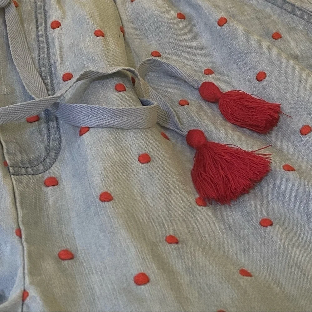 Matilda‎ Jane New Large Shorts Cameron Blue Chambray with Red Polka Dots Dobby